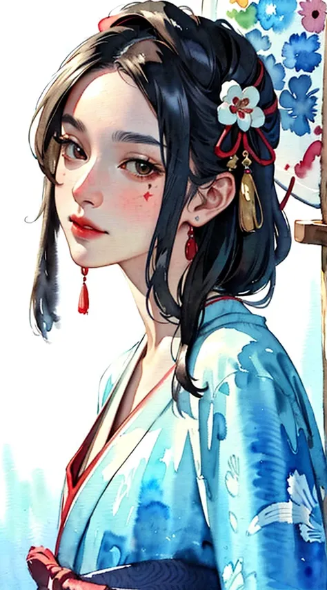 (masterpiece:1.2, Best Quality), ( very detailed face , live-action,  Real Skin,  realistic body,  intricate details), Alone, 1 Mature Woman,  casual,Ukiyo-e, (watercolor:1.3), ,