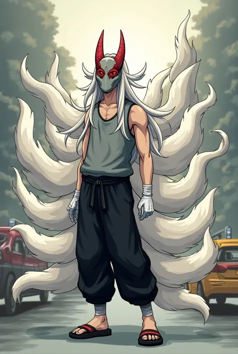 (1male, solo) faceless, mask (grey face mask, red lining with two horn/)white hair, long hair, black japanese pants, fox cars, nine fox tails, grey sleeveless topped shirt with red lining, white gloves,japanese sandels, cartoon style