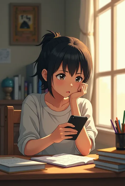 Create an image in the style of Makoto Shinkai A student sitting at a desk with a pile of homework, looking at his phone instead of working.