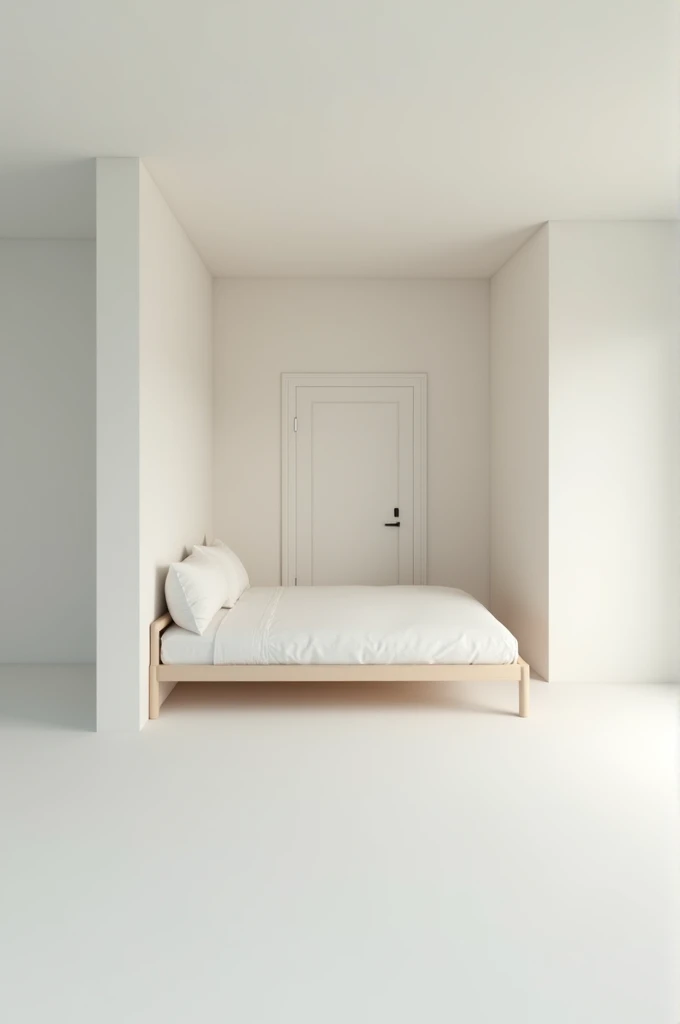 A rectangular 3D room that has a bed and a door, nothing more