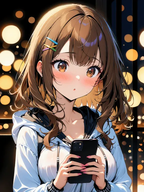 1girl, (medium hair), (shoulder length hair:1.2), wavy brown hair, colorful hairpins, (bright expressive brown eyes), (big breasts:0.7), (petite), Casual clothing, (hooded jacket), operate smartphone, looking at phone, (masterpiece, ultra quality, best Qua...