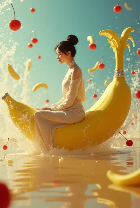 A beautiful Korean woman with smooth white skin, a perfectly groomed face, her hair tied up in a bun with Korean-style bangs, sitting on a yellow banana decorated with sparkling diamonds, floating upwards like a dream, with cherries also floating upwards l...