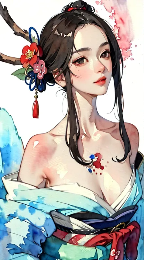 (masterpiece:1.2, Best Quality), ( very detailed face , live-action,  Real Skin,  realistic body,  intricate details), Alone, 1 Mature Woman,  casual,Ukiyo-e, (watercolor:1.3), ,