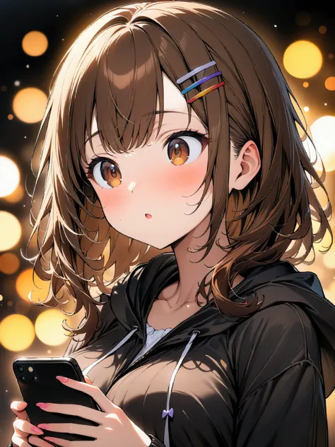 1girl, (medium hair), (shoulder length hair:1.2), wavy brown hair, colorful hairpins, (bright expressive brown eyes), (large breasts:0.7), (petite:1.2), Casual clothing, (hooded jacket), operate smartphone, looking at phone, (masterpiece, ultra quality, be...