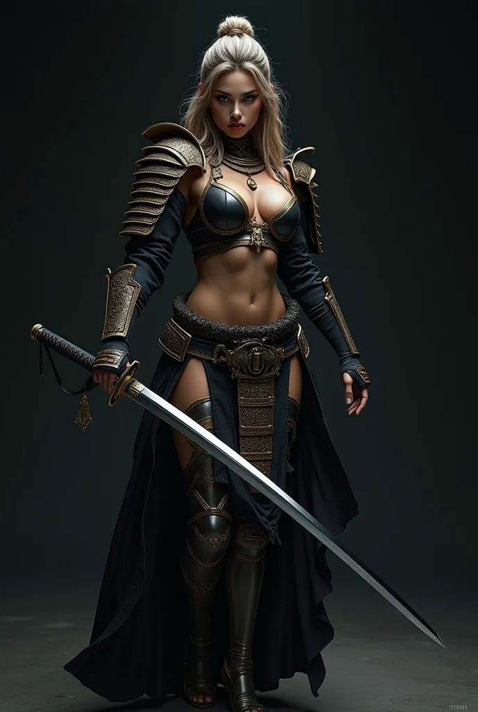 ((masterpiece, highest quality, Highest image quality, High resolution, photorealistic, Raw photo, Extremely detailed CG unified 8k wallpaper)), (huge stunning goddess shot, very hot and sexy, jaw-dropping beauty, perfect proportions, beautiful body, slim body beauty:1.4), Dramatic Light, Volumetric Light, A samurai wearing armor and a helmet is holding his sword, action pose, attention to the sword as a beautiful work of art, simple background, dark background, the sword reflecting light,