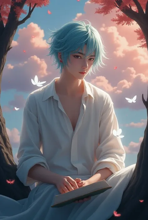 Beautiful young man, smooth blue Aqua hair, silver eyes, soft gaze, soft smile, white shirt long slave, sit on big tree, a book on his hand, transparant big six wings in his back, small Fairy figure around his, red and purple cloud background.