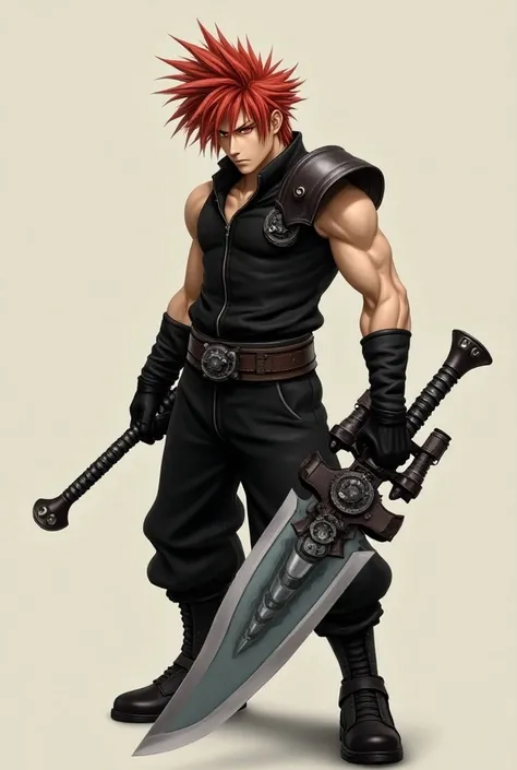 Crie o Cloud Strife de final fantasy VII,  but he has red hair ,  perfect and detailed full body. Hes wearing a Gunblade  (detailed), (realistic), In a fighting position facing forward.