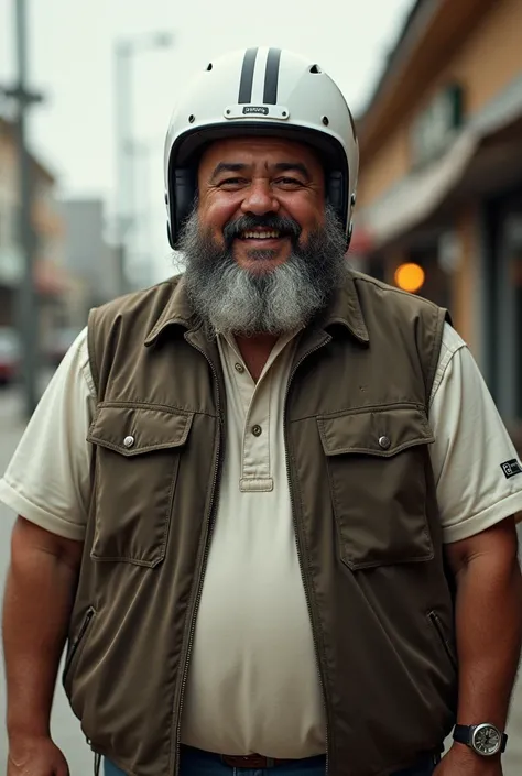 Chubby Latino man with a beard from about 40 to 50 years old wearing a vest and white helmet with the number nine

