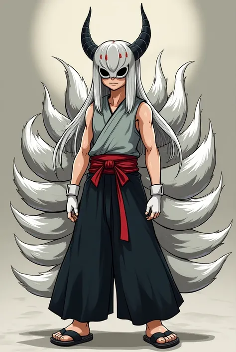 (1male, solo) faceless, mask (grey face mask, red lining with two horn/)white hair, long hair, black hakama pants, fox cars, nine fox tails, grey sleeveless topped shirt with red lining, long white gloves,japanese sandels, standing cartoon style