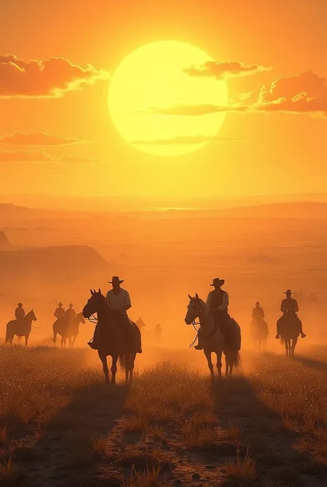 A vast, sunny plain with men on horseback or working in the fields.