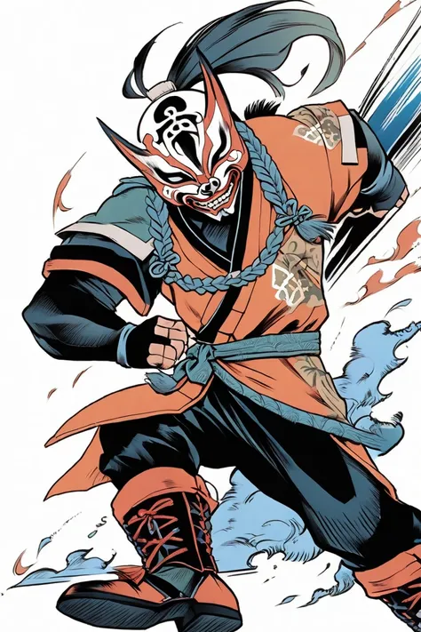 ninja that could appear in the cyberpunk ninja action novel "Ninja Slayer.", (((white background illustration))), (full-body illustration), Wearing a Hannya mask, Kung Fu Master.