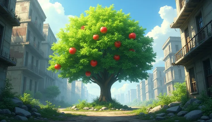 An apple tree, green and shining in the daylight. Around a scene of destroyed cities, post apocalyptic