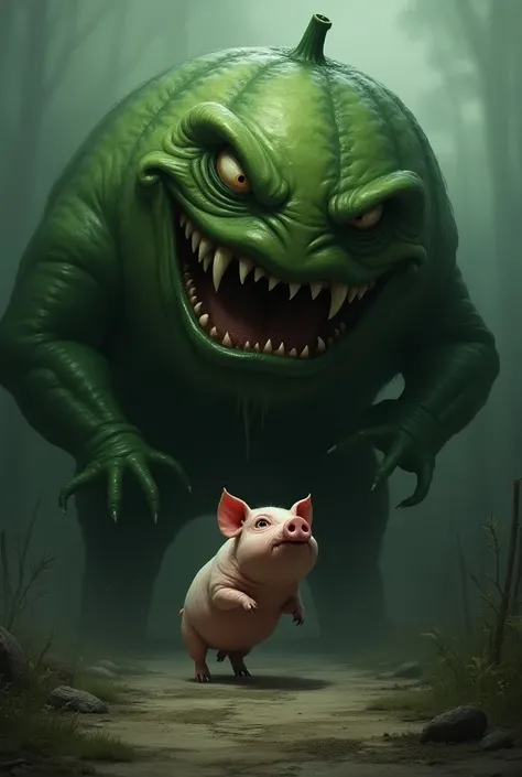 An evil giant cucumber, maliciously smiling, taking a frightened piggy to the slaughterhouse to eat it.