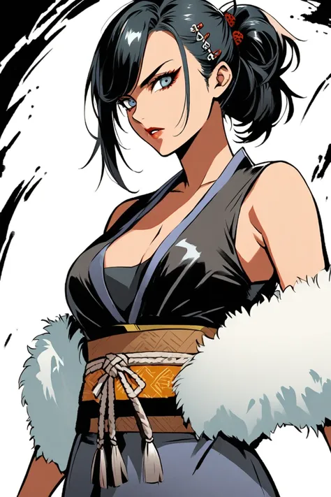 ninja girl that could appear in the cyberpunk ninja action novel "Ninja Slayer.", (((white background illustration))), (full-body illustration), A ruthless female yakuza, Black onyx hairpins in the hair, Wear a black bustier top on your upper body, Kimono ...