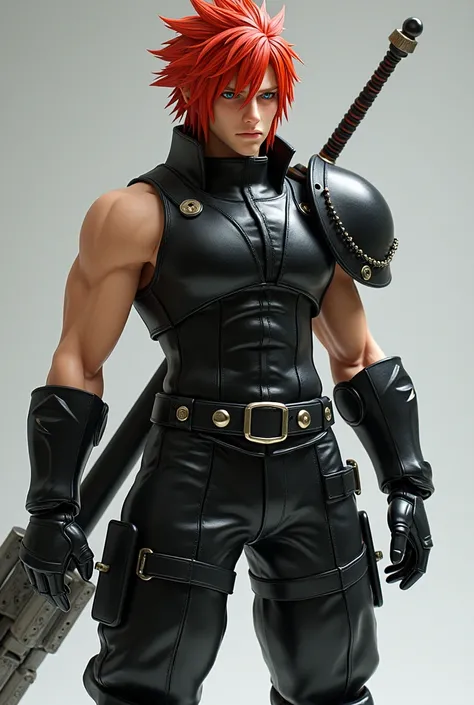 Crie o Cloud Strife de final fantasy VII,  but he has red hair ,  perfect and detailed full body. Are you holding a sword shotgun  (detailed), (realistic),  in a forward facing fighting position.