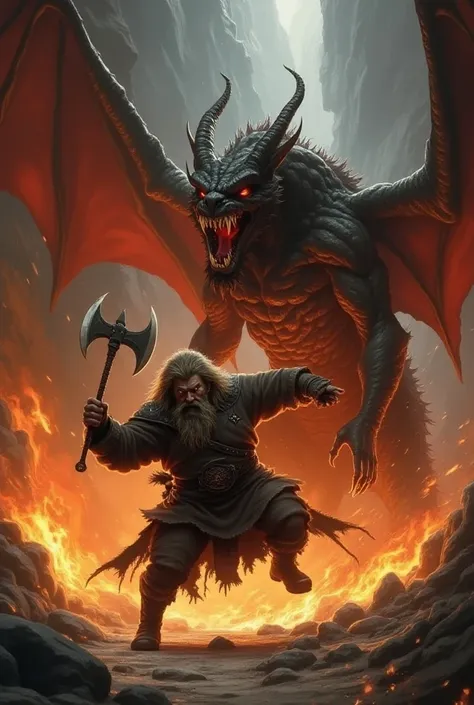 Dwarf jumping to slash balrog with axe. Epic. Fire. 