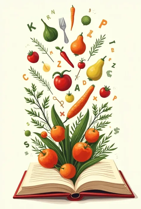 illustrate an open book  ( representing knowledge and knowledge )  from which fresh and colorful ingredients emerge , Fruits and vegetables,  kitchen utensils , letters and numbers 