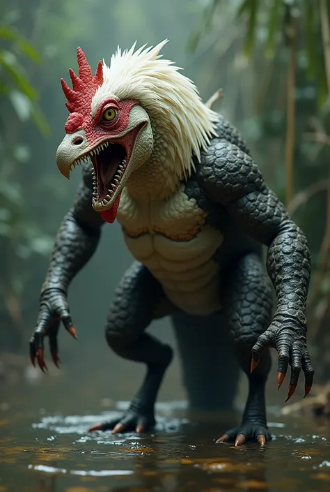 "Create an ultra-realistic image of a terrifying hybrid creature combining features of a chicken and a crocodile. The creature should have the scaly, armored body of a crocodile, with powerful legs and a long, muscular tail. Its head should be a blend of b...