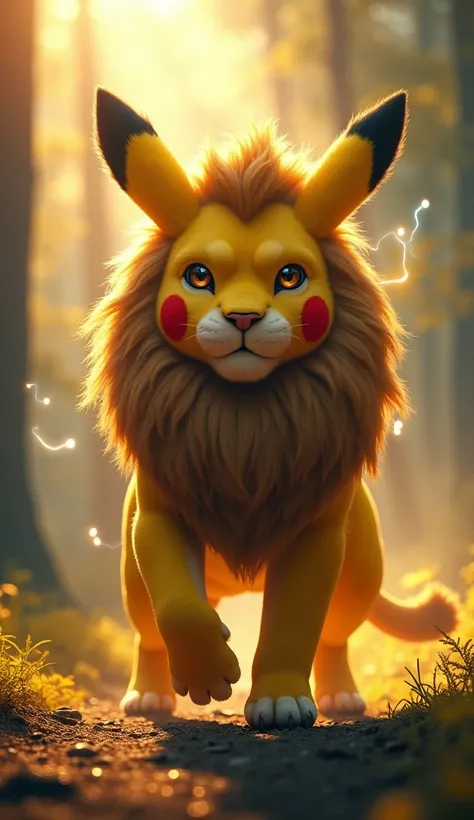 An epic, hyper-realistic image of a lion-like creature with subtle Pikachu characteristics in a sunlit forest clearing. The creature has the powerful, muscular build and majestic mane of a lion, with realistic fur texture in golden and yellowish tones. Its...