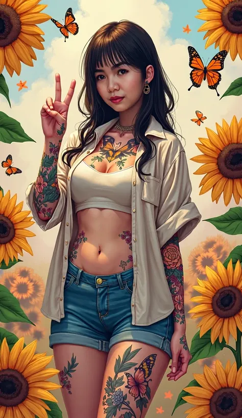 Pastel background dripping with sunflowers and butterflies realism pastel background graffiti-like with a young Malay woman fully covered in colour tattoos holding up the victory hand gesture. Not to chubby and dainty body type girl. Wearing loose shirt an...