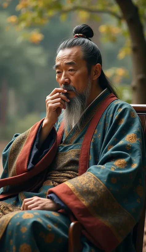 A philosopher from the Ming Dynasty (China). 40 years old. He is sitting on a chair. His left hand is stroking his beard. He is wearing the clothes of a philosopher from the Ming Dynasty. The image is extremely sharp. The image is extremely realistic. Feel...