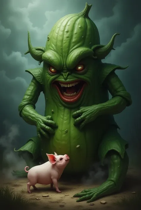 A piggy being cooked by an evil giant cucumber 