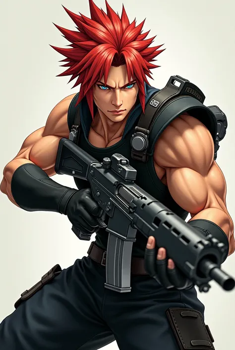 Crie o Cloud Strife de final fantasy VII,  but he has red hair ,  perfect and detailed full body. is holding a gun (detailed), (realistic),  in a forward facing fighting position.