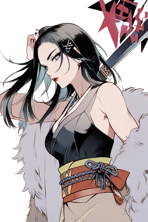 ninja girl that could appear in the cyberpunk ninja action novel "Ninja Slayer.", (((white background illustration))), ((full-body illustration)), A ruthless female yakuza, Black onyx hairpins in the hair, Wear a black bustier top on your upper body, Kimon...