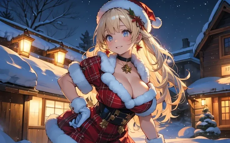 charming, snow-covered village, log cabins, manga, cute young woman with extremely large boobs, outside in the snow, winter wonderland. She has wavy blonde pink gradient hair.. framed by a delicate line of gold stitching that glimmers in the glow of holida...