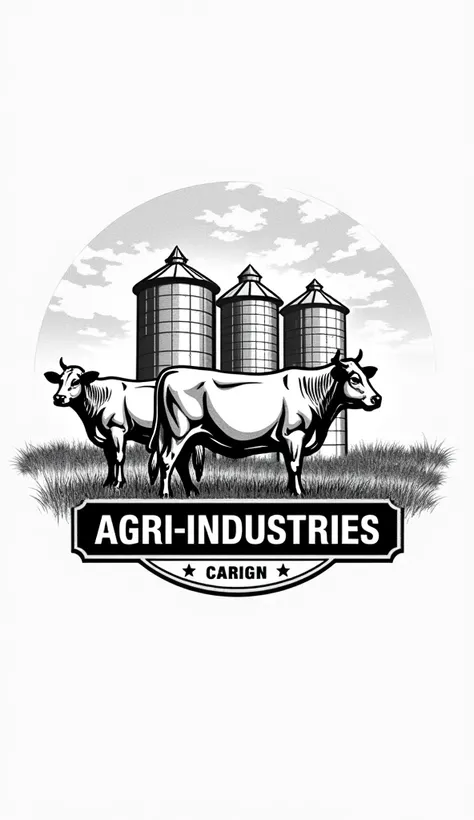 cattle side view and it back appears grain bins and steer vintage black and white  emblem logo style   with the name Browning Agri-Industries line art