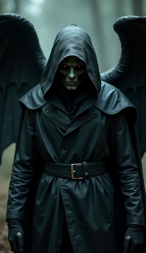 A mysterious creature in a worn-out black leather outfit, with wings and red eyes. He is gloomy, with gloves and a dark leather hat, his face partially hidden by shadows. Focus on dark details of your attire. The scenario of the image is obscure to increas...