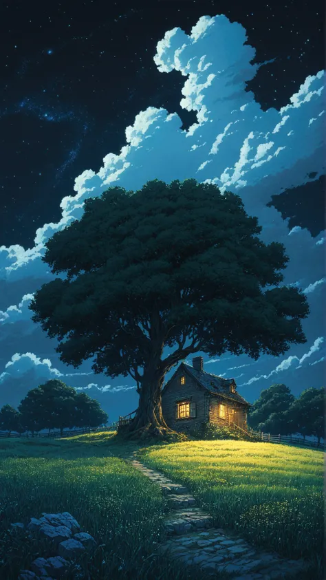 starry night scene of a tree and a house in a field, high quality desktop wallpaper, hd wallpaper, anime countryside landscape, 4 k hd wallpaper very detailed, anime background art, studio ghibli and dan mumford, anime landscape wallpaper, 4k highly detail...