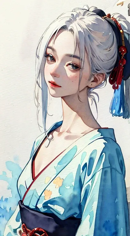 (masterpiece:1.2, Best Quality), ( very detailed face , live-action,  Real Skin,  realistic body ,  intricate details,A delicate touch, like drawing on paper,smudged color ,Pale colors), Alone, 1 Mature Woman,  casual,Ukiyo-e,ephemeral face , (watercolor:1...