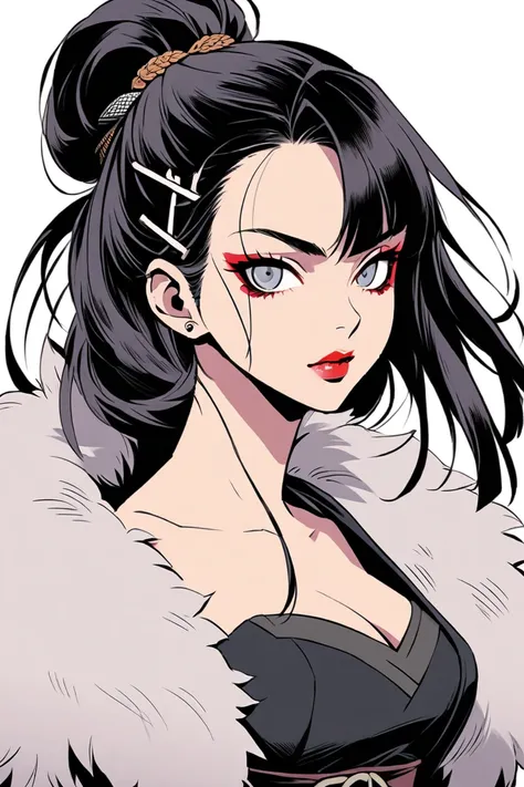 ninja girl that could appear in the cyberpunk ninja action novel "Ninja Slayer.", (((white background illustration))), ((full-body illustration)), A ruthless female yakuza, Black onyx hairpins in the hair, Wear a black bustier top on your upper body, Kimon...