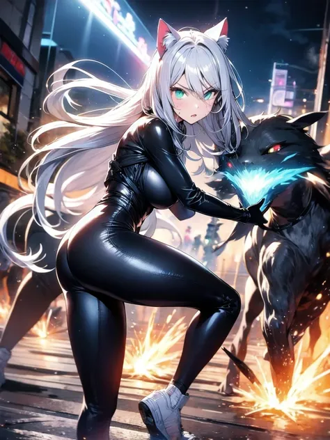 A beautiful girl with silver cat ears, green eyes, silver hair, long hair, black and white battle suit that fits her body perfectly, the background is the night city, the age is 14, dark night, sweat, steam from exhalation, dynamic angles, dynamic action p...