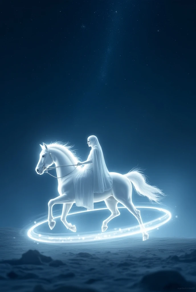 in the distance, a white rider on a shining horse are moving forward in circles., at night
