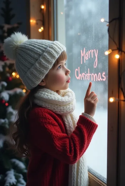 
“A young girl, dressed in a festive Christmas outfit—complete with a cozy red sweater, white scarf, and a knitted hat—stands by a frosted window. The cold air outside has caused the window to fog up, and with a gentle touch, she uses her finger to write ‘...