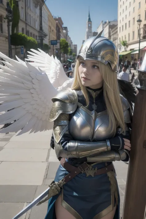 (masterpiece, Best Quality)  Valkyrieプロフィールレネス,  one girl playing pranks, Long Hair,  blue eyes, blonde, holding, arms, wing,  Just Focus , sword, holding arms, armor, bird, holding sword,  helmet , Feather, shoulder armor, Feathered wing, Scapula, angel w...