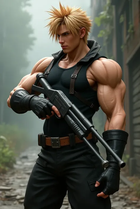 Crie o Cloud Strife de final fantasy VII,  but he has red hair ,  perfect and detailed full body. Are you holding a double-barreled shotgun? (detailed), (realistic), In a fighting position facing forward.