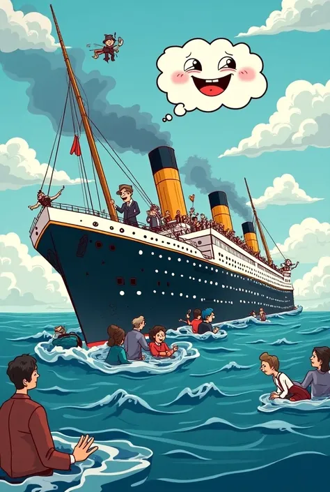 Make a cartoon montage of the scene of the sinking of the Titanic with humorous tones