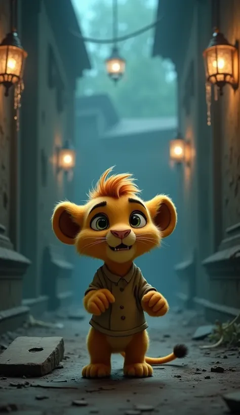  Kittu, the baby lion, standing still with one paw raised, looking around in fright. His fluffy hair and shirt are illuminated by a dim, eerie glow. The background reveals a haunted hallway with broken chandeliers, cobwebs, and swirling mist. Style is anim...