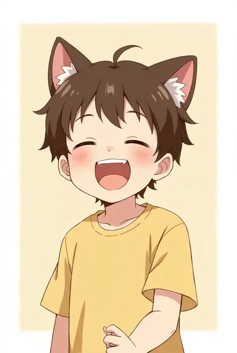  boy,Brown Hair, Cat ears, happiness/joy, Grin,  is laughing,  illustration , anime, anime風, 