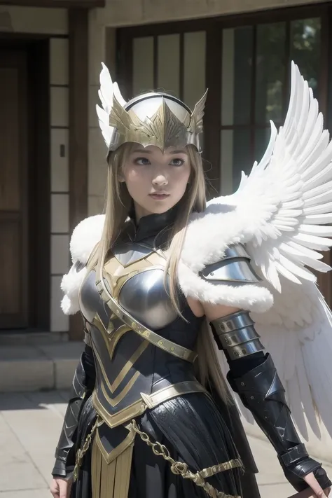 (masterpiece, Best Quality)  Valkyrieプロフィールレネス,  one girl playing pranks, Japanese Women 、 Long Hair, blonde, holding, arms, wing,  Just Focus , sword, holding arms, armor, bird, holding sword,  helmet , Feather, shoulder armor, Feathered wing, Scapula, an...