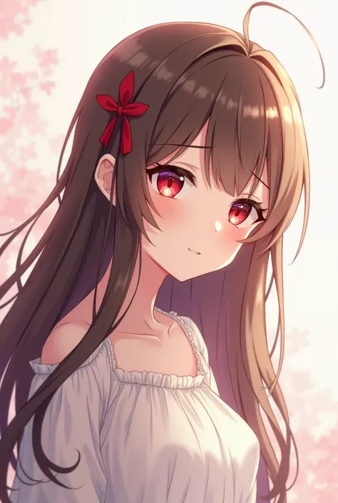 1girl, Solo, Long Hair, Brown Hair, Red Eyes, Ribbon,anime