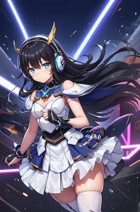 Rin々Funny face、mecha wing、Thighs、tights、chest、Shiny black hair、 1 girl、 solo girl 、headset idol dress、idol skirt、mecha girl、Light Blue Armor、 white miniskirt 