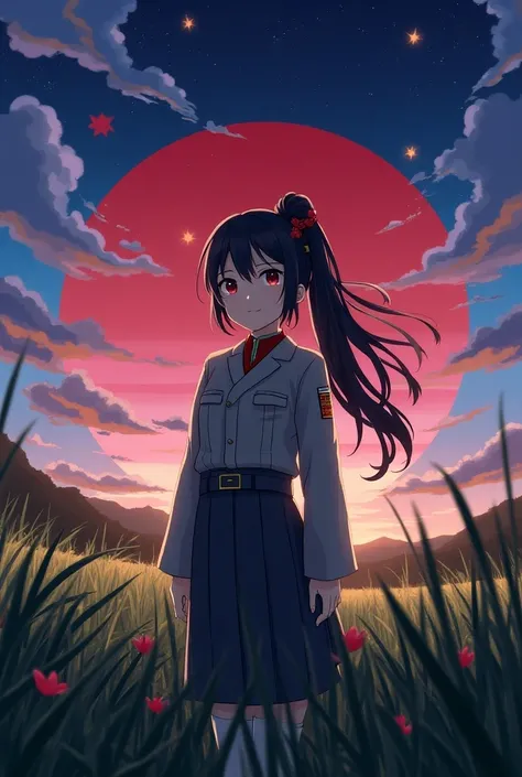 Women１People are standing far away
black hair black eye
The Hinomaru flag of Japan is raised
Im wearing a military uniform
She looks at me and smiles gently
The hair is bundled and Japanese barrettes are attached
The background is rice paddies、Scenery of r...