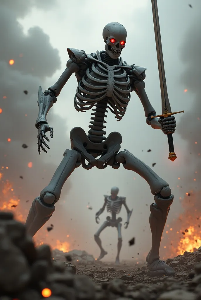 Fusion of skeleton and robot,They are fighting against enemies with a sword