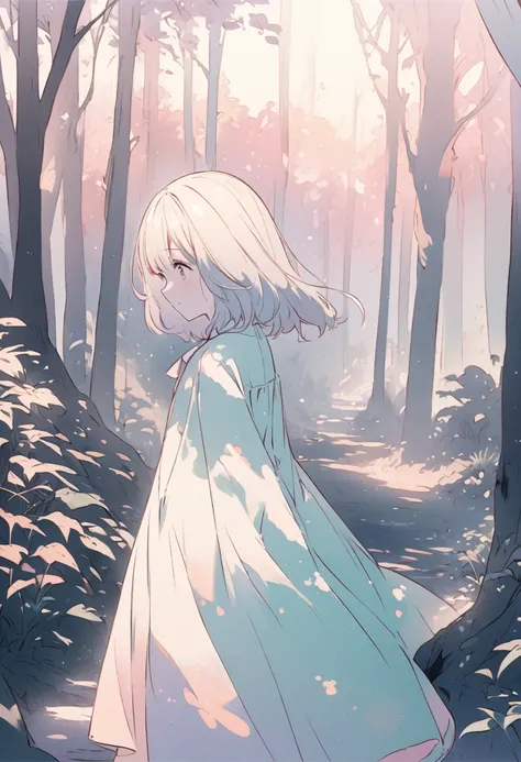 White anime illustration of a girl in forest,light and softened pastel illustration,pastel