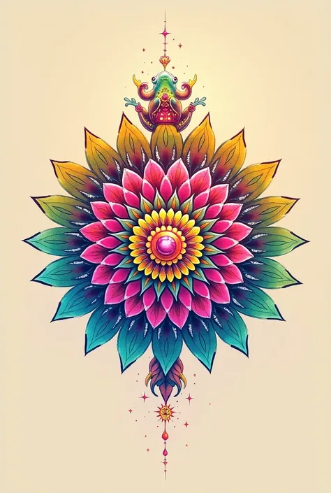  Design an incredibly beautiful watercolor mandala logo on a beige background radiating joyful,  but soothing ,  integrating bright , harmonious neon colors . The logo consists of a beautiful mandala , a backpack with precious stones and a beautiful frog w...