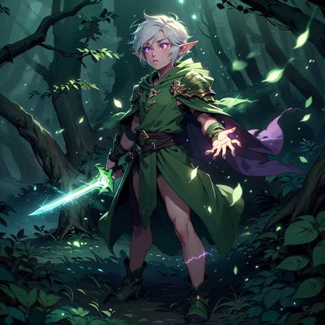 boy, forest gnome, young, short stature, skinny, small, short white hair, elf ears, purple glowing eyes, green leaf armor, purpl...